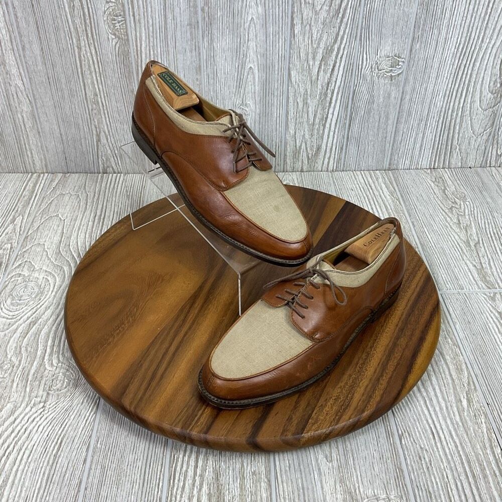 Bragano Cole Haan Oxford Dress Shoes Men’s 9.5D Brown Leather Beige Canvas Made
